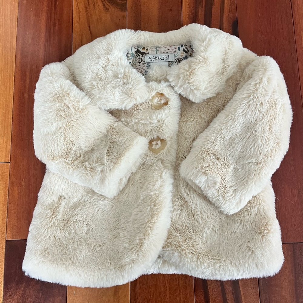 Rachel Zoe Cream Faux Fur Jacket Baby Girls 12 months Buttons Floral Woodland